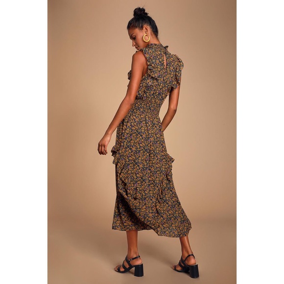 Lulus XS Evalina Midi Dress High Neck Floral Yellow Purple - Picture 2 of 16